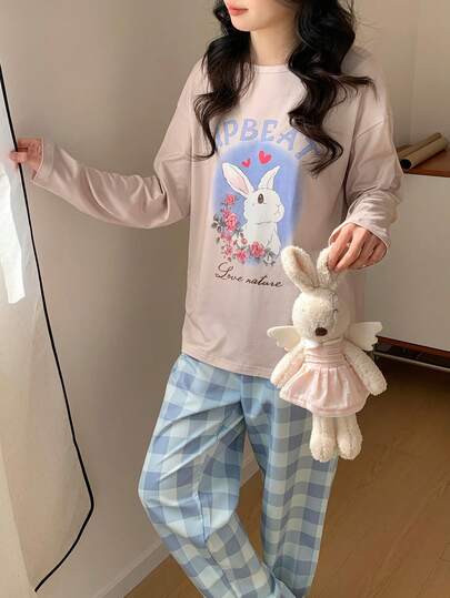 2pcs Women Casual Plaid Rabbit & Floral Print Crew Neck Long Sleeve Top And Pants Pajama Set Teen Long Sleeve Pajama Pajama Set Teen Girls Cute Pajama Set Cute Teen Girls Long Sleeve Rabbit Graphic Print Round Neck Woven Fabric Pajama Set