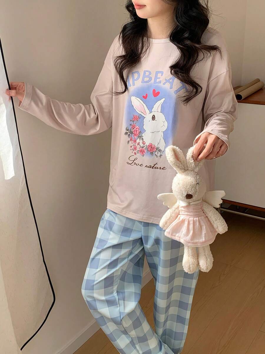 2件組青少年女孩天藍色睡衣套裝 秋季可愛優雅家庭款 格紋兔子與花卉印花圓領長袖上衣與長褲 - 薄荷藍 - 查看 1