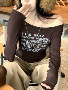 DAZY Women's Casual Slogan Print Long Sleeve T-Shirt, Autumn