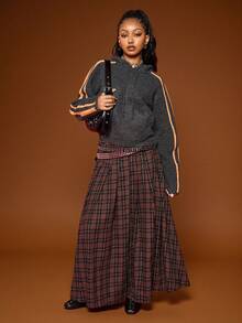 COUREZ 格纹百褶长裙/Y2K秋冬女装派对装扮外出装扮性感黑色半身裙优雅中长裙棕色长裙新年装扮 - 棕色 - 查看 1