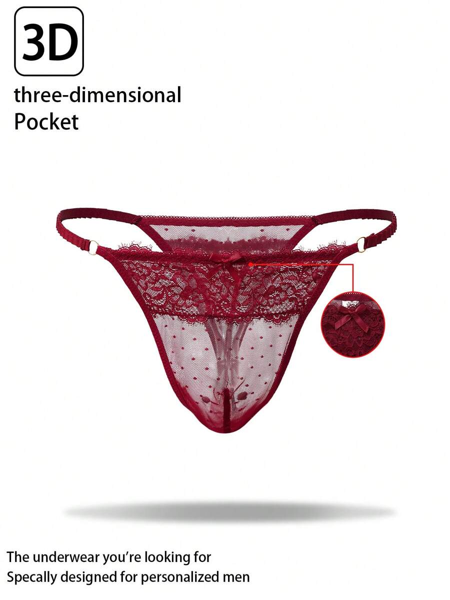 1件男士性感蕾丝内裤，酒红色 - 酒紅色 - 查看 1