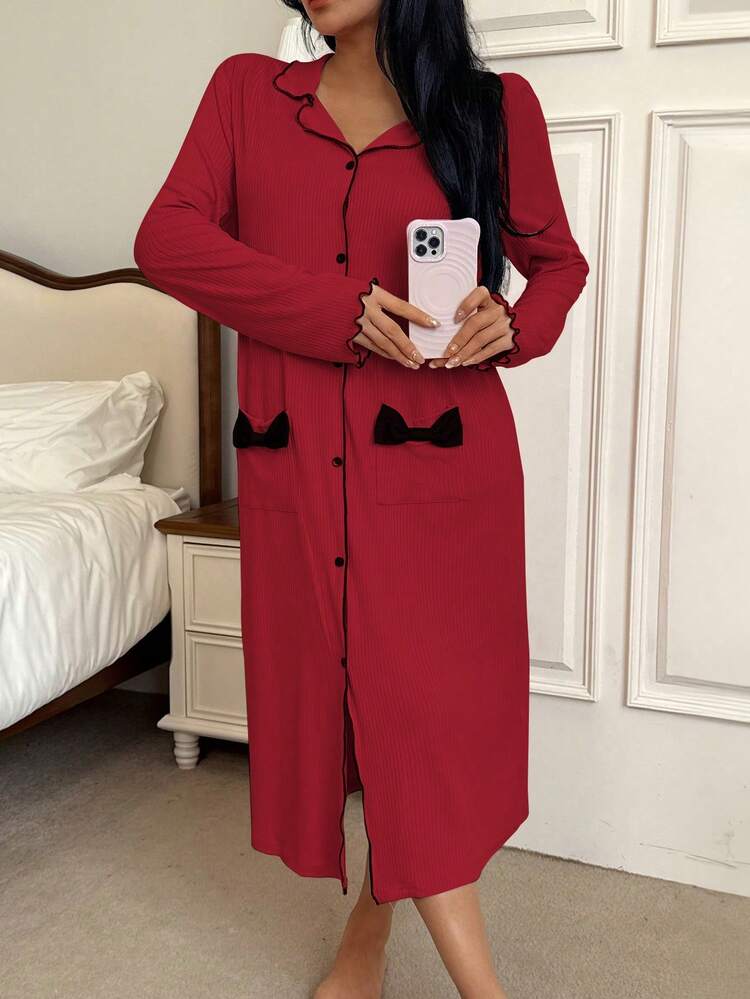 Robe d'intérieur pour femme avec décoration de nœud côtelé brossé - Rouge foncé - Voir 5