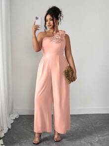 Elenzga Summer Fashionable French Retro Romantic Asymmetric Shoulder Floral Jumpsuit - Pink - View 7