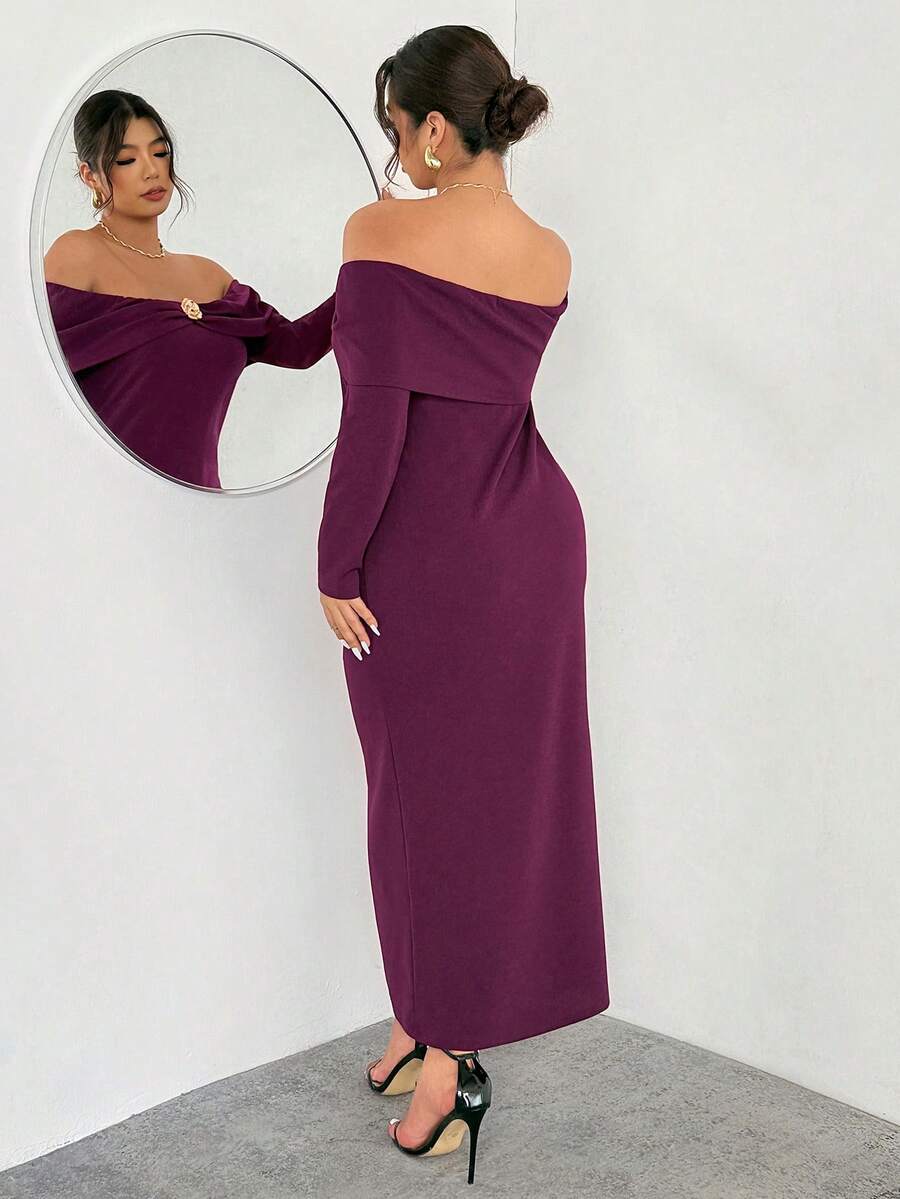 Firerie Abito aderente da donna con spalle scoperte, decorazione e maniche a campana, elegante e sofisticato, in stile romantico, taglie comode - Bordò - Visualizzare 1