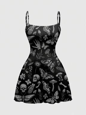 Gothic Dark Mysterious Butterfly & Bat All-Over Print Sexy Spaghetti Strap Stretchy Plus Size Dress