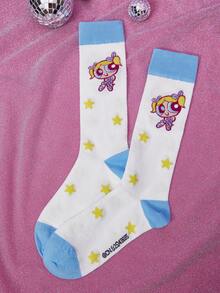 THE POWERPUFF GIRLS X SHEIN 1 Pair Women Cartoon & Letter Graphic Blue Calf Socks - Multicolor - View 4