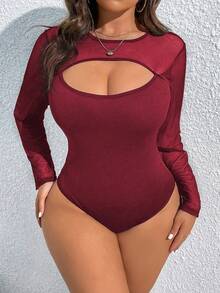 SHEIN LUNE Áo liền thân dài tay cổ tròn tay dài màu trơn dành cho nữ cỡ lớn, thiết kế khoét rỗng - Màu Đỏ Sâu - Xem 1