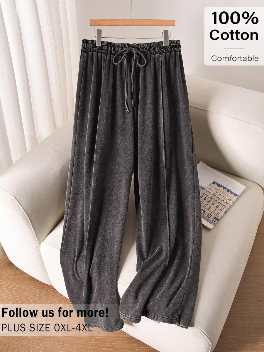 CosyJoli 大码女式针织阔腿裤，黑色休闲女裤，水洗雪花图案裤 - 黑色 - 查看 1