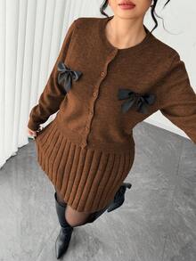 Elenzga Women's Elegant Sleeveless Dress With Long Sleeve Cardigan,Loose Fit Plus Size Knit Sweater Set,Brown Autumn Everyday Back-To-School Outerwear Dress - Coffee Brown - View 7