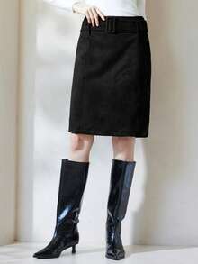 Aveloria Modichic 秋冬新款女装欧美风仿麂皮腰带宽松休闲复古通勤优雅半身裙 - 黑色 - 查看 6