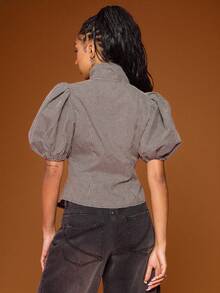 COUREZ Zip Up Puff Sleeve Top In Check /Y2K  Spring Clothes For Women Spring Going Out Outfits Going Out Tops Party Top Sexy Tops Cute Tops Festivals Outfits - Grey - View 3