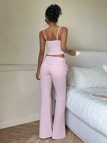 CovetEZ 2pcs/Set Women Casual Pink Camisole & Pants Set Women's Casual Wear Set, 2026 New Style, Pink Comfortable Lace Fashionable Versatile Basic Casual Pink Camisole And Flared Drawstring Fold-Up Long Flared Pants Set - Pink - View 2