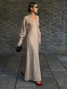 Livesso Women's Waist Cinched Long Sleeve Elegant Sweater Dress, Winter - Khaki - View 2