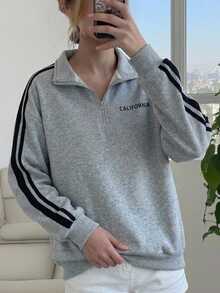 SHEIN Áo nỉ nữ tuổi teen, cổ bẻ nửa khóa kéo, dáng rộng, in họa tiết tiếng Anh, thích hợp mặc đi học, phong cách tối giản cho mùa thu/đông. - Màu Xám nhạt - Xem 4