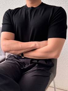 DAZY Men's Solid Black Crew Neck Knit Sweater, Spring/Summer - Black - View 1