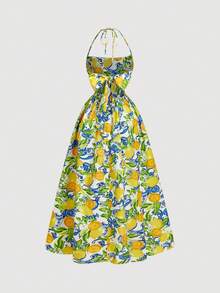 SHEIN MOD Backless Bow-Tie Strap Lemon Print Dress - Multicolor - View 2