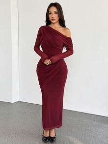 SHEIN PETITE 优雅派对单肩包臀长袖网纱连衣裙，适合女性，婚礼宾客礼服，深红色垂褶连衣裙，褶皱连衣裙，单袖连衣裙 - 酒紅色 - 查看 9