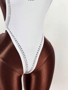 Amplova Sexy Rhinestone Embellished Backless Bodysuit For Women - White - View 8