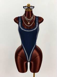 Amplova Sexy Rhinestone Embellished Backless Bodysuit For Women Navy Blue Bodysuit - Navy Blue - View 3