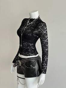 EgrlEra Women's Fashionable Black Sexy Lace Blouse - Black - View 5
