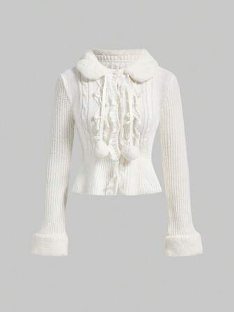 Kawaii Suéter de mujer de ajuste ceñido con decoración de pompones, encaje y parches, estilo lindo y dulce "Hime Gyura", para invierno