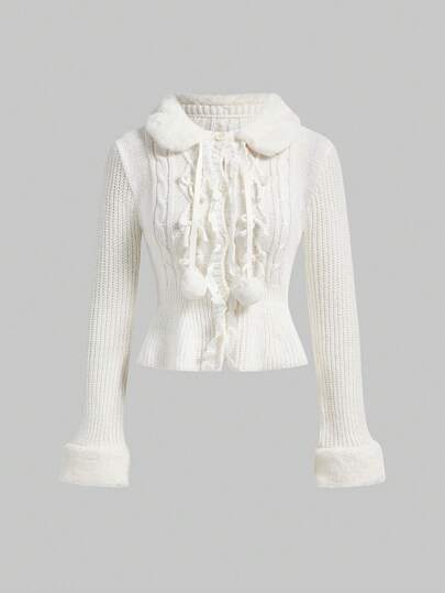 Kawaii Hime Gyura süß und niedlich, flauschige Spitzen-Patchwork Pompon Dekor, eng anliegender Damen Strickjacken-Pullover, Winter