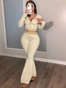 Slaydiva 2025 Winter New Arrivals - New Year, Chinese Festival, Valentine's Day, Party, Evening Party, Date, Gathering, Birthday Party, Preppy Style, Student Wear, Casual Outing, Basic And Versatile, Casual, Cruise Travel, Popular Online Item, Elegant, Commuter, Business Casual, Simple. Features A Fitted Hooded Jacket With A Zippered Hem And Lace Trim, Paired With Fitted Flared Trousers In Apricot Cable Knit. Also Available In Autumn/Winter, Apricot, Party, New Year, Date, Elegant, Commuter, And Casual Styles. Women's Two-Piece Set. - Apricot - View 10