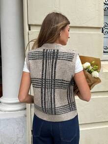 Siren Gaze Women's Casual V-Neck Plaid Single-Breasted Knitted Vest, French Casual Plaid Buttoned Vest Cardigan,Spring Outfit Women,Women Carnival Costume, Casual Women Outfits ,Everyday Shirt, Sweater Vest For Women, Cardigan Vest, Plaid Sweater Vest - Khaki - View 2