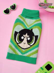 THE POWERPUFF GIRLS X PETSIN 1pc Pet Cat Dog Universal Green Love Cute Cartoon Pattern Jacquard High Neck Elastic Comfortable Warm Dog Sweater - Green - View 4