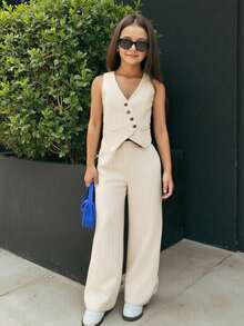 Firerie Kids 少女休闲纯色无袖夏季纽扣不对称上衣和宽松铅笔裤两件套，米色，返校季，法式优雅，时尚通勤装 - 杏色 - 查看 1