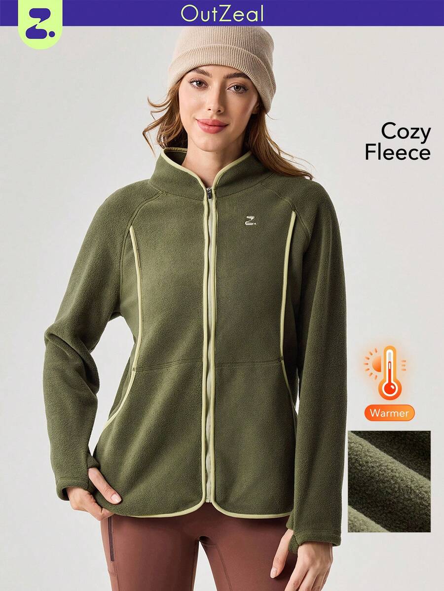 OutZeal Damska kurtka polarowa termiczna z boczną kieszenią i otworem na kciuk, zapinana na zamek, idealna na zimę, jesień, wędrówki, kemping