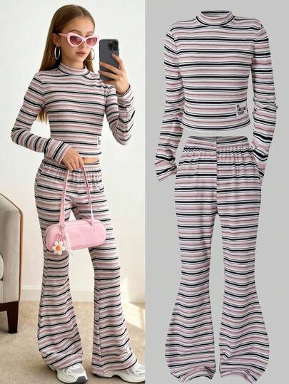 Sparklyn 2pcs Girls Casual Ribbed Fitted Stand Collar Long Sleeve Top And Flared Pants Set, Autumn/Winter