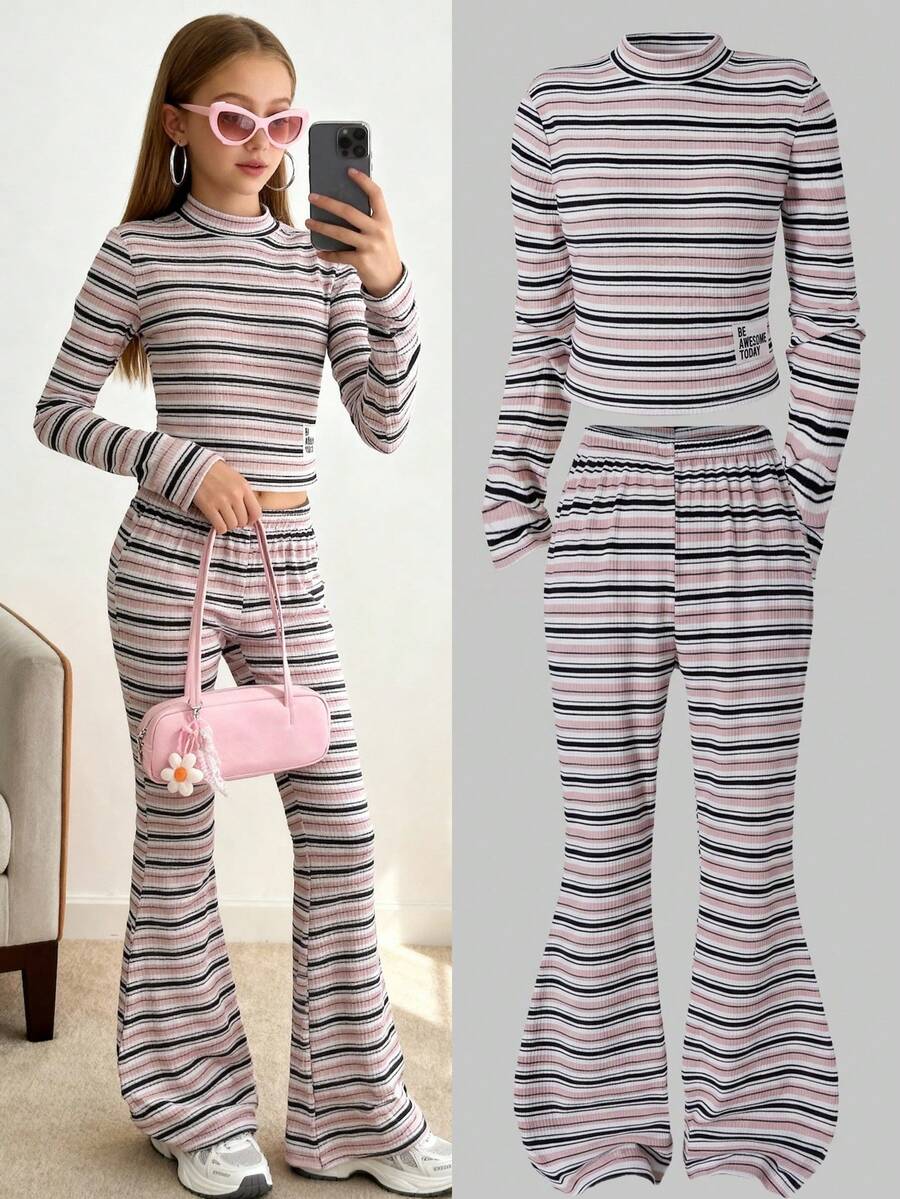Sparklyn 2pcs Girls Casual Ribbed Fitted Stand Collar Long Sleeve Top And Flared Pants Set, Autumn/Winter - Multicolor - View 1