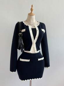 Elamini Ensemble cardigan tricoté et jupe vintage blocs de couleurs élégant et décontracté pour femmes, convient pour le travail et le port quotidien, automne/hiver - Multicolore - Voir 1