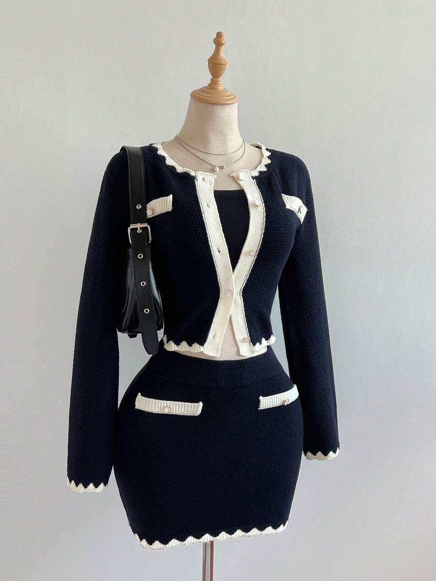 Elamini Ensemble cardigan tricoté et jupe vintage blocs de couleurs élégant et décontracté pour femmes, convient pour le travail et le port quotidien, automne/hiver - Multicolore - Voir 1