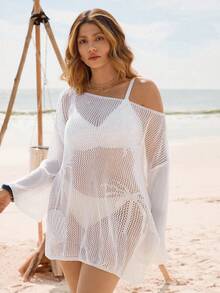 Swim Vcay 大码女式白色印花开衩露肩休闲度假优雅沙滩针织罩衫 - 白色 - 查看 5