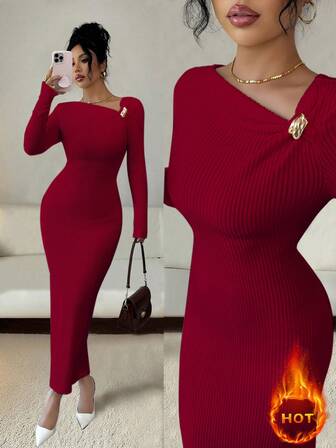 Elenzga Women's Elegant Solid Color Fitted Long Dress, Autumn/Winter