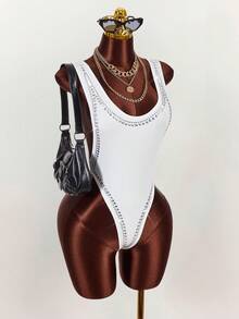 Amplova Sexy Rhinestone Embellished Backless Bodysuit For Women - White - View 6