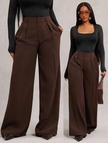 Radiana Plus Size Women's Minimalist Fashion Dark Coffee Plus Size Wide Leg Pants, Commuter Trousers Brown Wide Leg Pants For Women High Waisted Wide Leg Pants Brown Suit Pants In Fall/Winter,Spring To Summer, - Coffee Brown - View 1