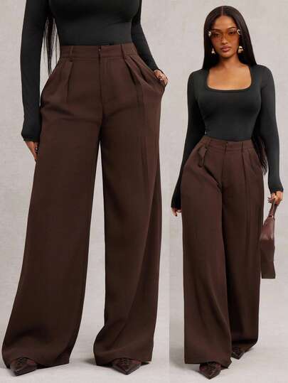 Radiana Plus Size Women's Minimalist Fashion Dark Coffee Plus Size Wide Leg Pants, Commuter Trousers Brown Wide Leg Pants For Women High Waisted Wide Leg Pants Brown Suit Pants In Fall/Winter,Spring To Summer,