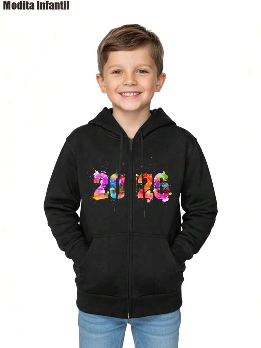 KID005|Navidad|1 pieza Abrigo infantil|Chaqueta con capucha para niños|Ropa de modita infantil para niños con capucha negra con impresión colorida de "2020" que resalta y es perfecta para los momentos especiales - Negro - Ver 1