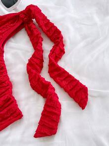 Soleia 度假风性感不对称肩带系带修身浅黄色女式上衣，适合派对、度假、音乐节、波西米亚风、假日约会、下午茶等场合。 - 紅色 - 查看 4