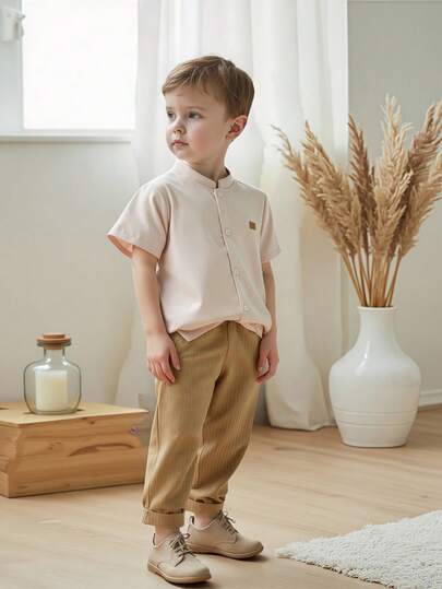 2pcs/Set Boys' Casual Outfit: Soft, Loose Textured Beige Shirt + Relaxed Khaki Striped Pants, Suitable For Daily Wear, School, Outings, Outdoor Activities, Hangouts With Friends Kid Boys Clothes Brown Boys Pant And Shirt Set Korean Boy Clothes Cotton Boys Clothes