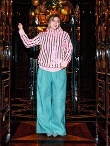 VOLUPTÉ CURVE 大码女式休闲宽松阔腿蓝色长裤，复古时尚，显瘦舒适，通勤、聚会等场合皆宜，情人节也适合穿着。 - 藍色 - 查看 2