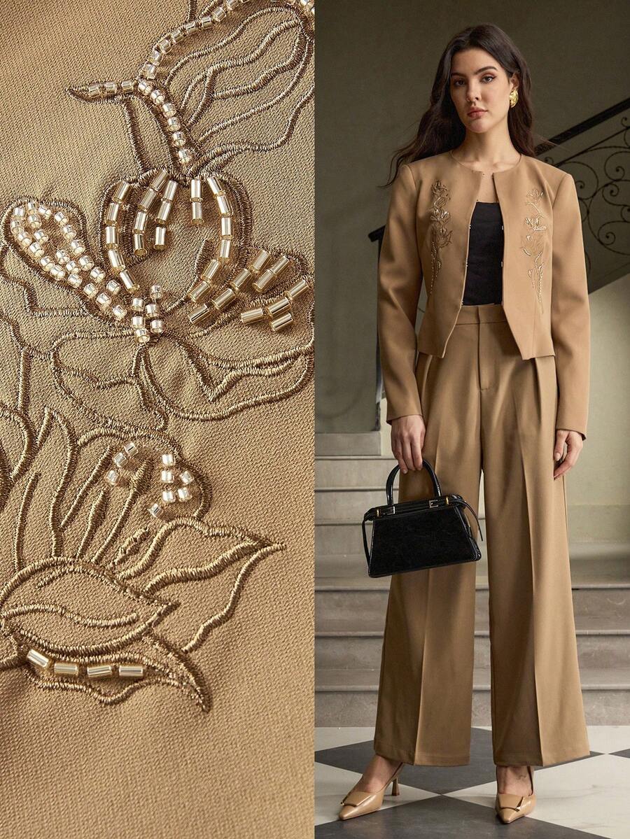 ZEYLAH Women's Embroidered Beaded Long Sleeve Fashion Jacket - Khaki - View 1