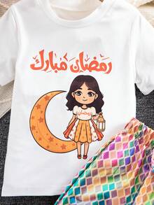 Sparklyn 2pcs/Set Toddler Girls' Cute Printed Short Sleeve Round Neck T-Shirt + Printed Skirt Casual Versatile Spring/Summer Outfit Skirt Summer Sets For Girls Kid Set Skirt And T Shirt Birthday Outfits For Girls Skirt Girl Shirt And Skirt Set Rainbow Skirt Kids - Multicolor - View 8