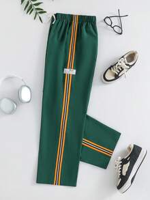 SHEIN 青少年男童/青少年男童休闲日常舒适拼接松紧腰宽松直筒纯色梭织裤 - 綠色 - 查看 7