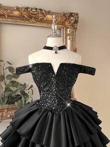 Lovelzi Elegant Pink Sequin Fabric Satin Patchwork 3D Floral Decor Bodycon Short Skirt, Party Dress,Wedding Guest Cocktail Single Ball Gown Banquet - Black - View 7