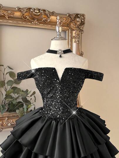 Lovelzi 优雅浪漫时尚的粉色亮片缎面拼接3D立体花卉装饰短款修身裙，优雅派对礼服，婚礼宾客礼服，粉色鸡尾酒会礼服，单身派对礼服，舞会礼服，宴会礼服