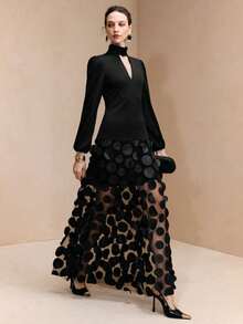 Arave 女士蕾丝圆形花卉针织落肩收腰连衣裙，优雅女装 - 黑色 - 查看 1